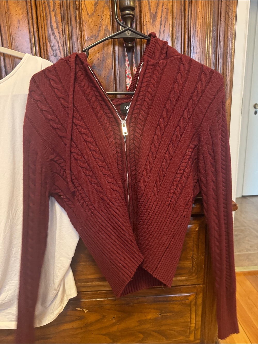 Arden B Maroon Cable Knit Zip-Up Hoodie Cardigan